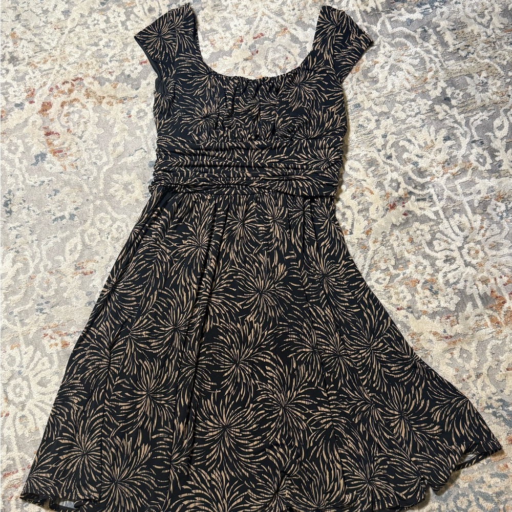 Coldwater Creek Black Midi Dress with Tan Floral Burst Print